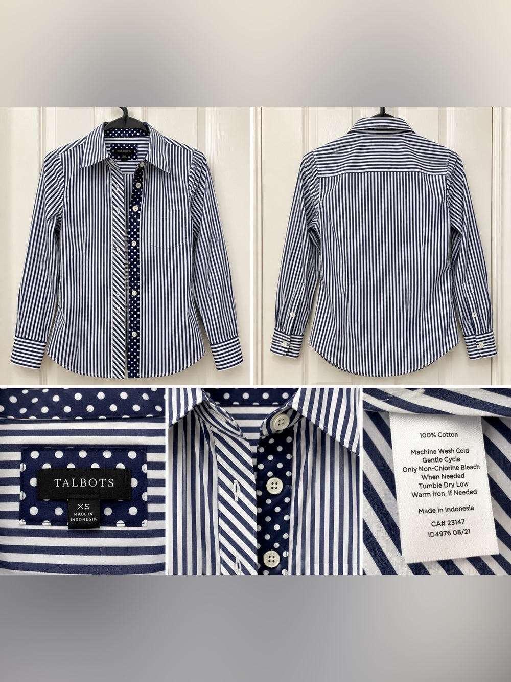 Talbots XS Navy White Striped Polka Dot Trim Button Down Shirt